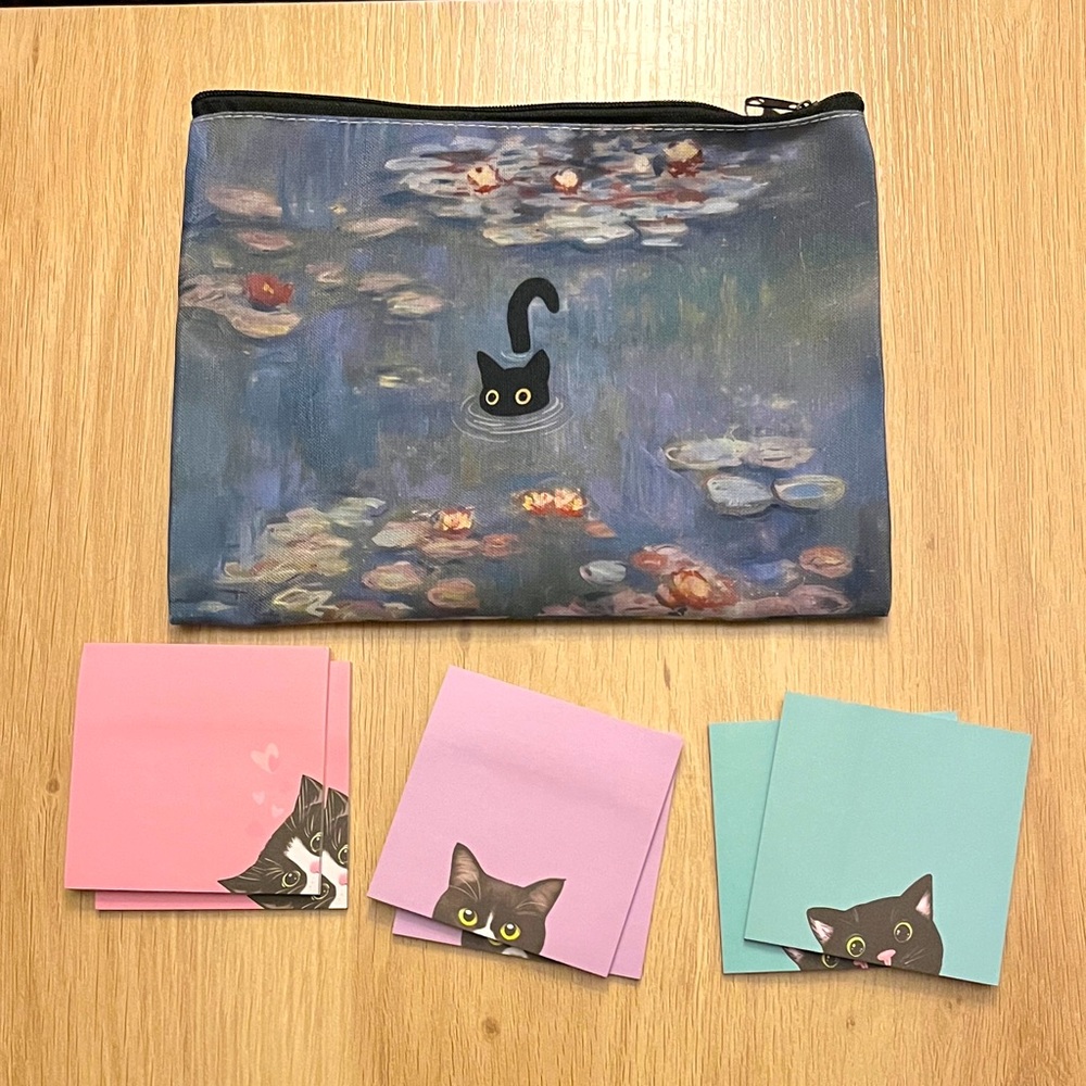 Cat-Themed Zipper Pouch with Sticky Notes Set